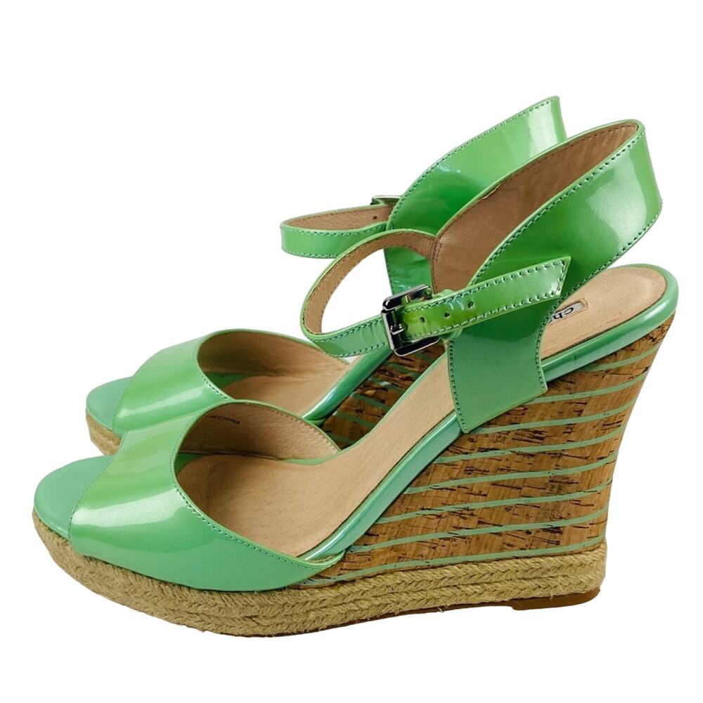 Charles David Green Leather Cork Wedge Sandals Size 10